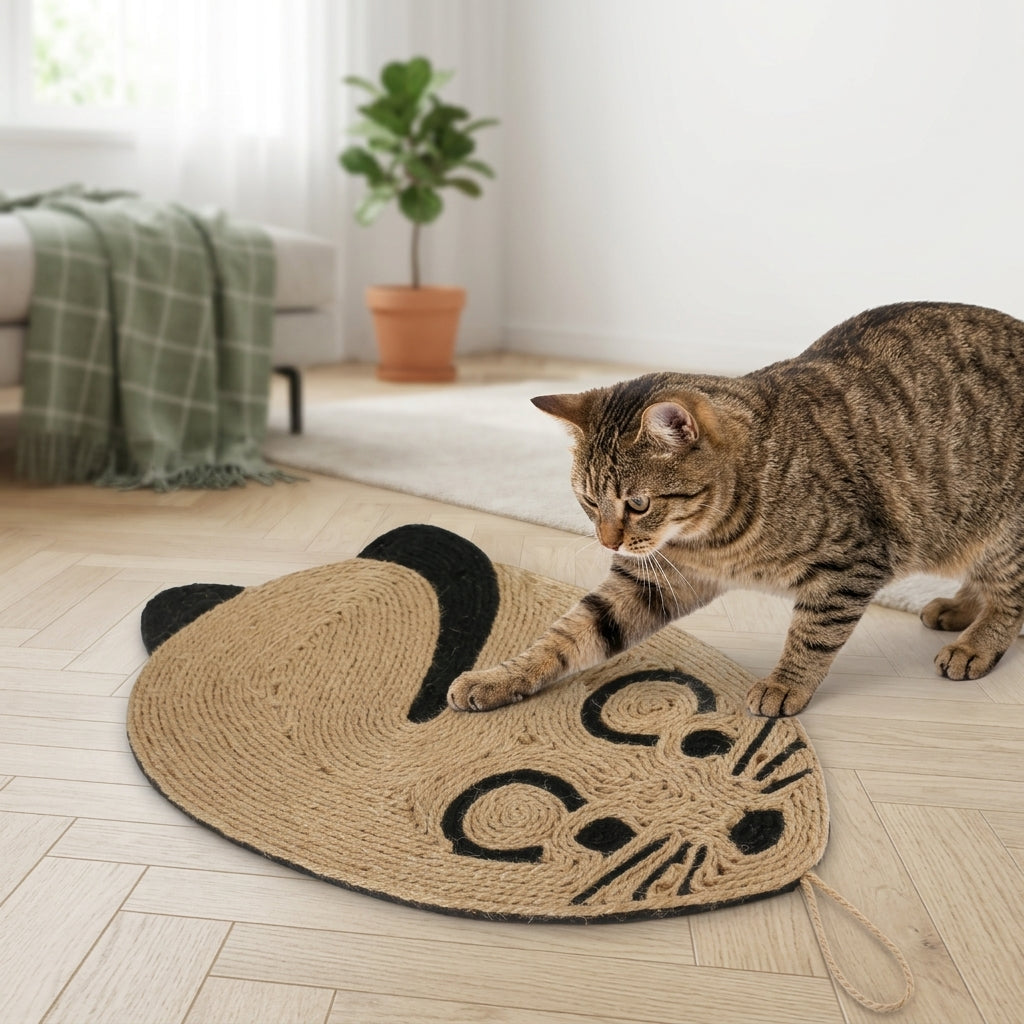 Tiragraffi in sisal a forma di topo con gatto su parquet chiaro