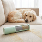 Spazzola rimuovi peli 2 in 1 verde menta su divano beige con cane golden retriever